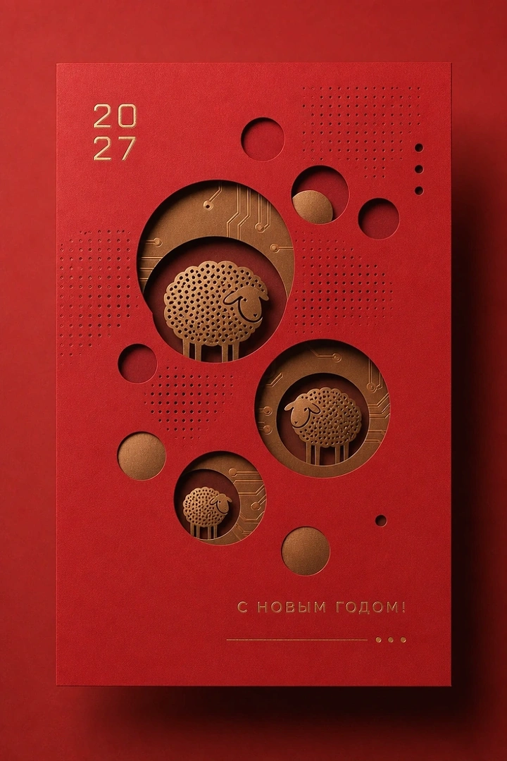 New Year creative ad: Layered paper-cut card with bronze sheep seen through circular die-cut windows