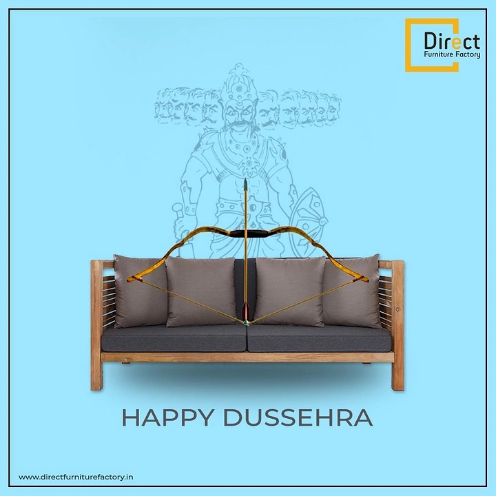 Dussehra creative ad: Wooden sofa with a bow and arrow over its backrest, in front of a ten-headed Ravana sketch