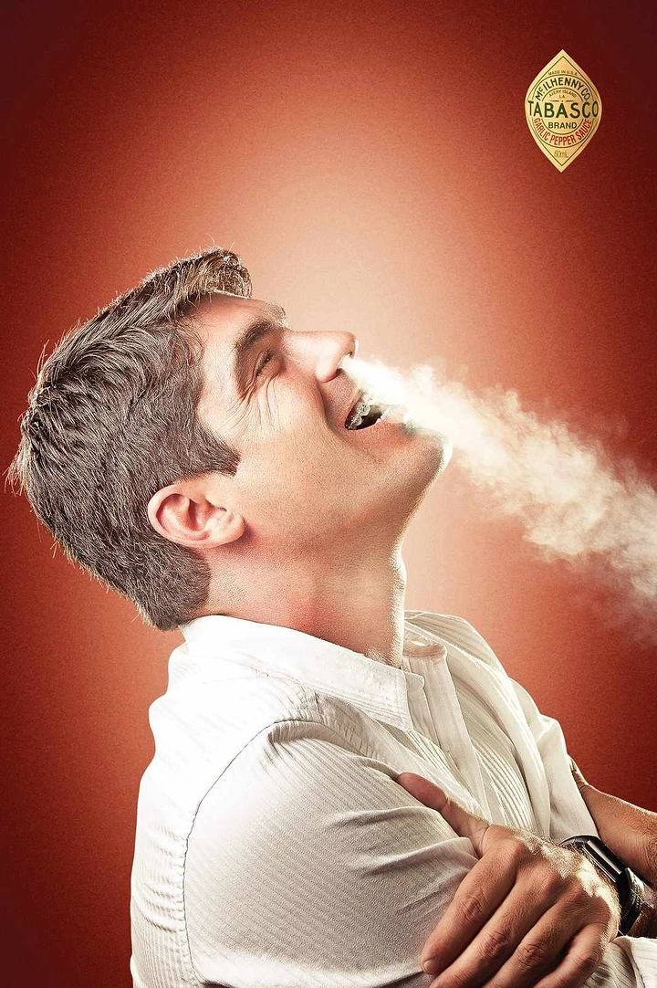 Spices & Masala Brands creative ad: Man breathing steam, Tabasco heat