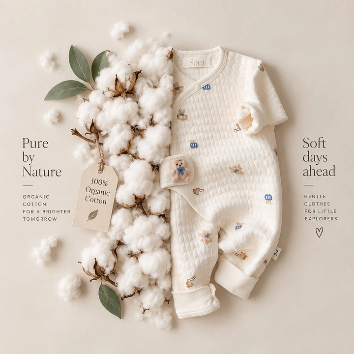 Kids Clothing creative ad: Cotton bolls merge into romper