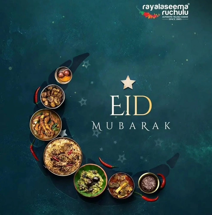 Eid creative ad: Array of Indian dishes arranged in a crescent moon shape