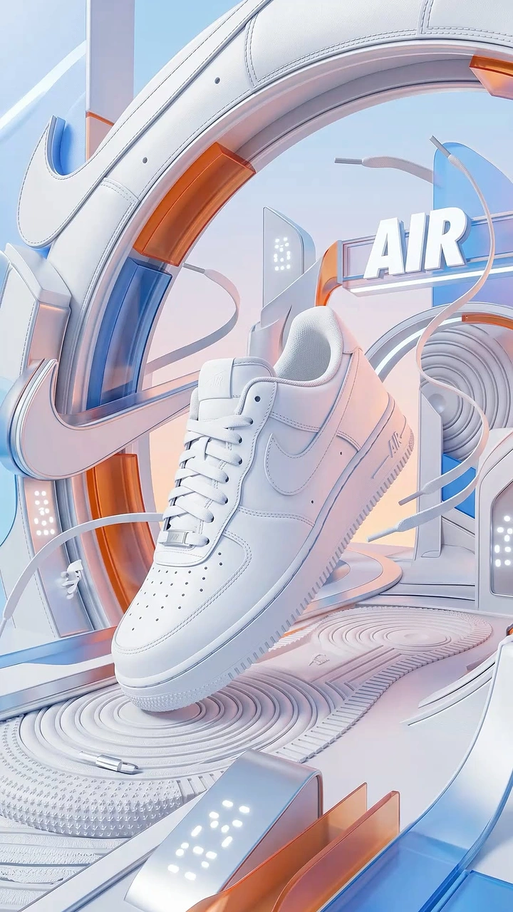 Streetwear creative ad: White low-top sneaker floating in a futuristic 3D set