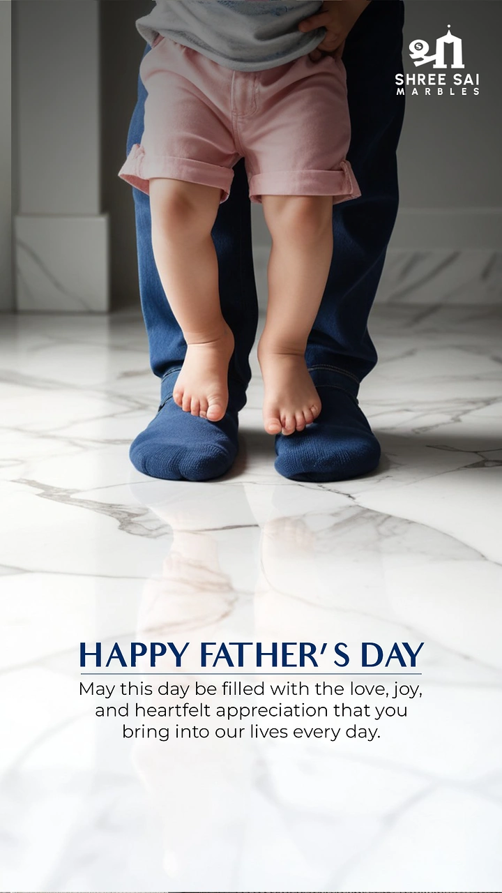 Father's Day creative ad: Toddler standing barefoot on father's socked feet on a marble floor