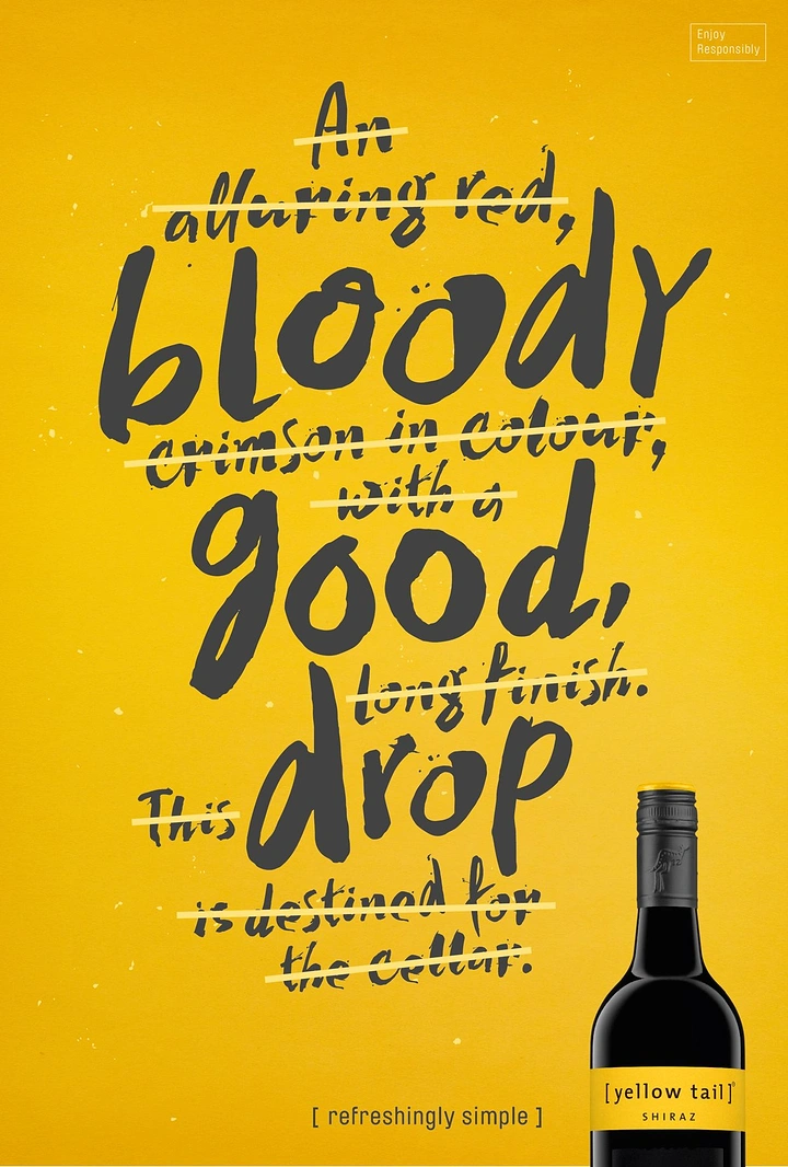Creative ad: Hand-lettered crossed-out wine description with a bottle in the bottom right