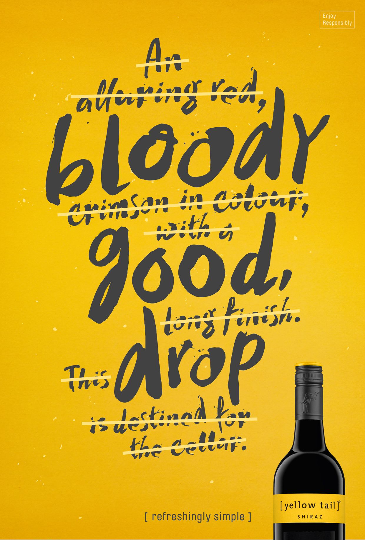 Poster: Hand-lettered crossed-out wine description with a bottle in the bottom right