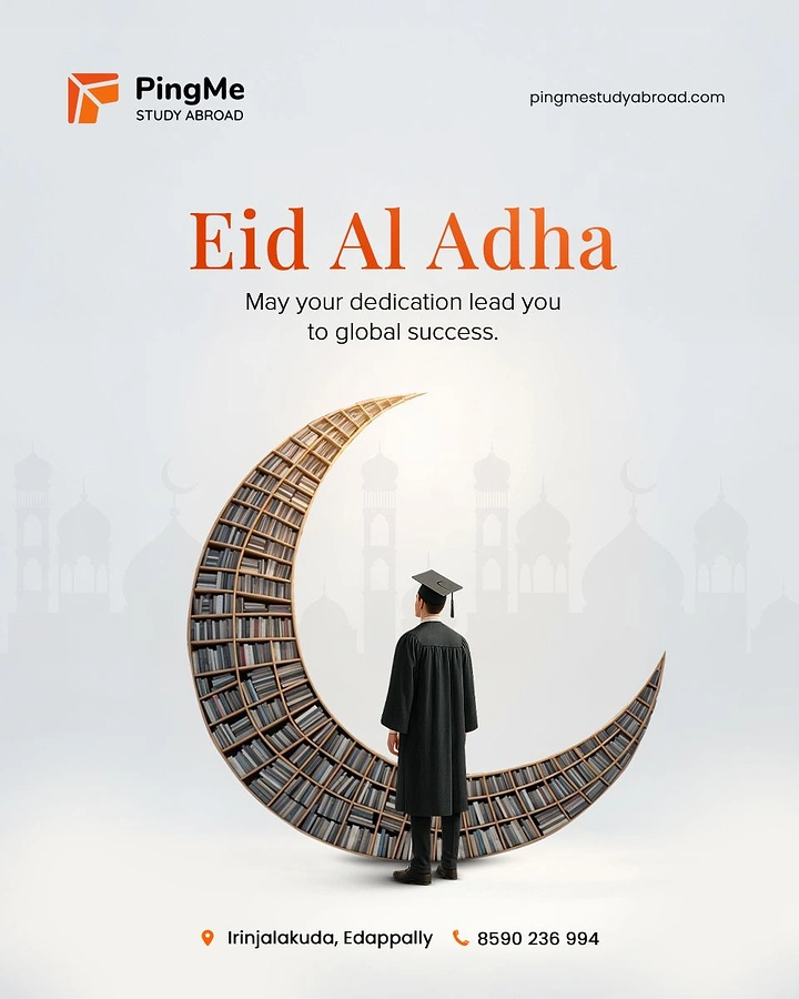Eid Al Adha creative ad: Bookshelf crescent with graduate for study abroad