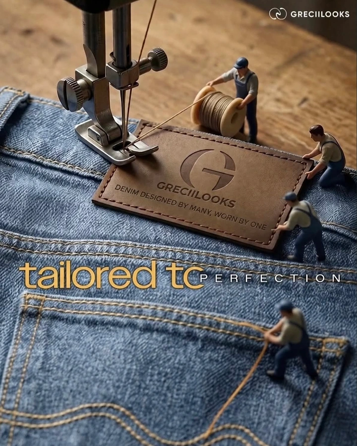 Tailors & Alterations creative ad: Miniature workers stitching denim label