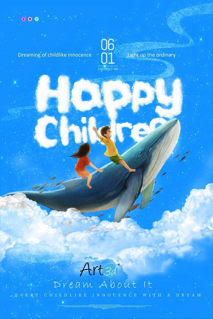 Children's Day creative ad: Two children riding a flying whale through clouds