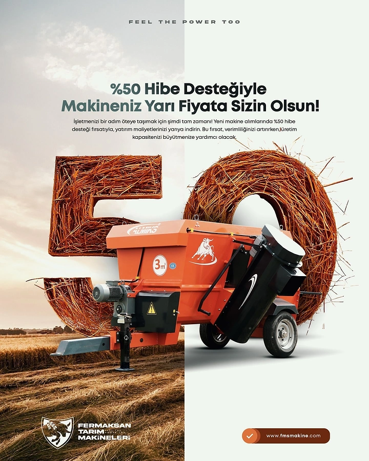 Manufacturing & Industrial Machinery creative ad: Orange feed mixer in front of a giant straw-made number 50