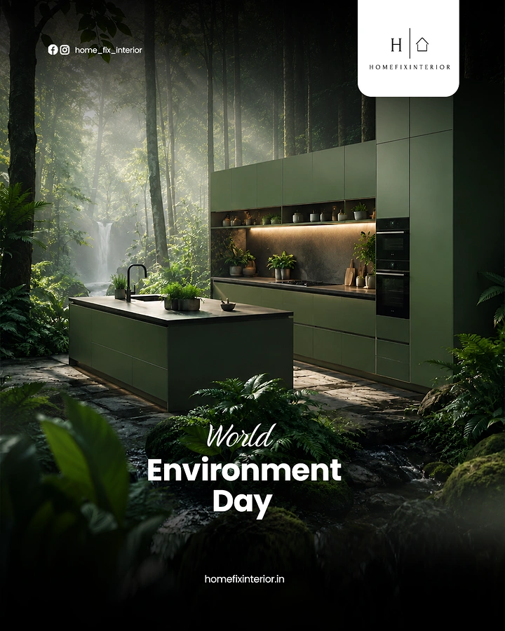 other-festival creative ad: A deep green contemporary kitchen embedded in a rainforest beside a waterfall