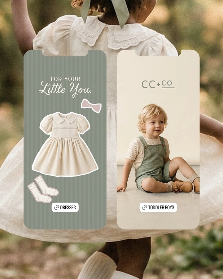 Kids Clothing creative ad: Phone-screen cards as category tabs