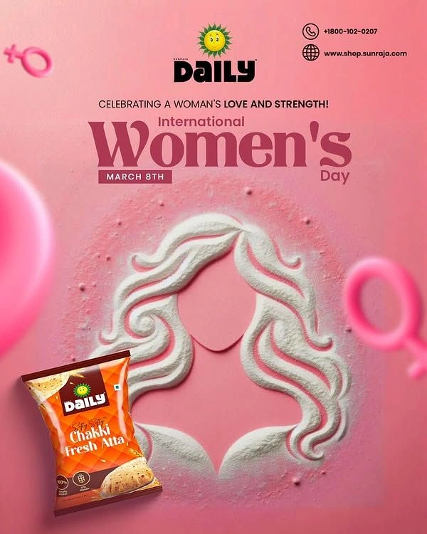 Women's Day creative ad: Woman's face and flowing hair sculpted from white flour on pink, with an atta pack
