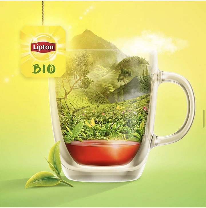 Tea & Chai Brands creative ad: Tea plantation landscape inside glass mug