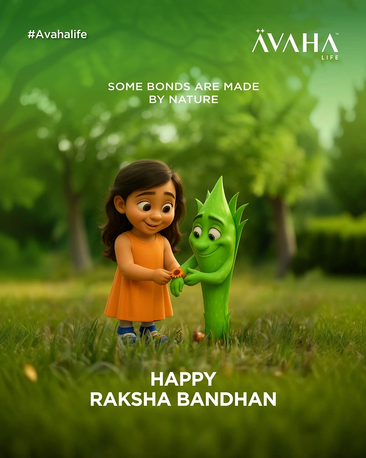 Raksha Bandhan creative ad: 3D girl tying rakhi on an aloe vera character