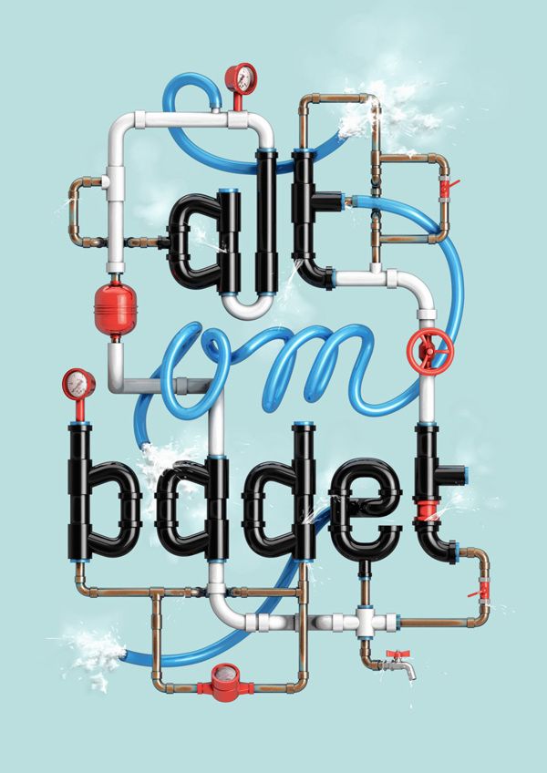 Poster: Words built from 3D plumbing pipes and hoses
