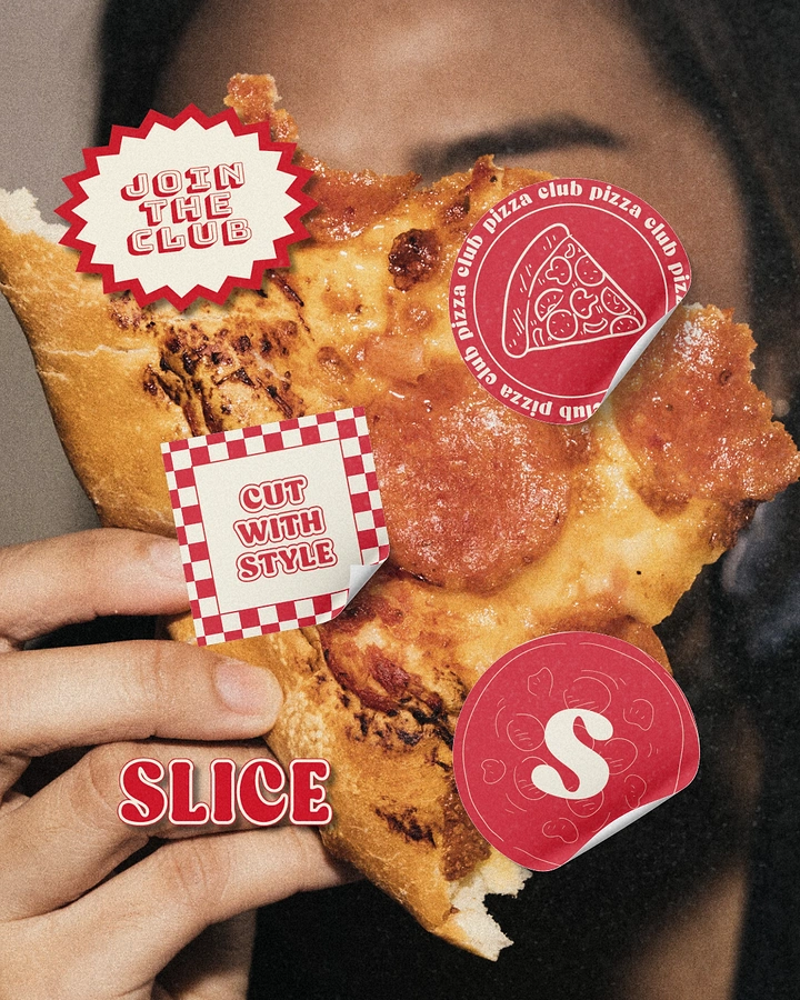 Print-on-Demand & Merch creative ad: Person holding a bitten pepperoni slice to their face, covered in stickers