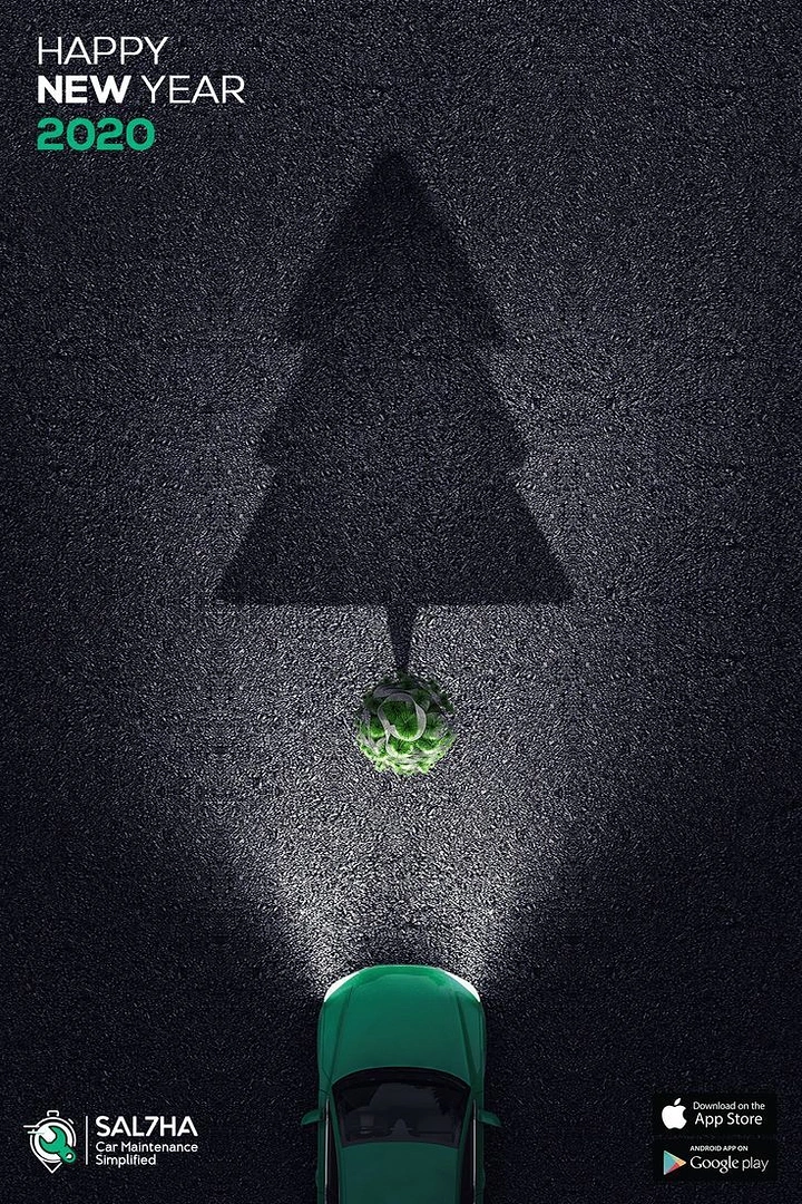 New Year creative ad: Top-down car whose headlights cast a Christmas-tree shadow