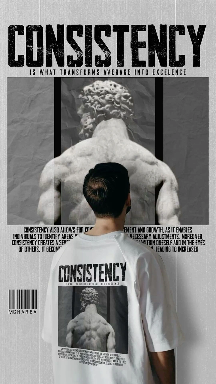 Print-on-Demand & Merch creative ad: Model from behind wearing a tee printed with a statue graphic in front of the same artwork