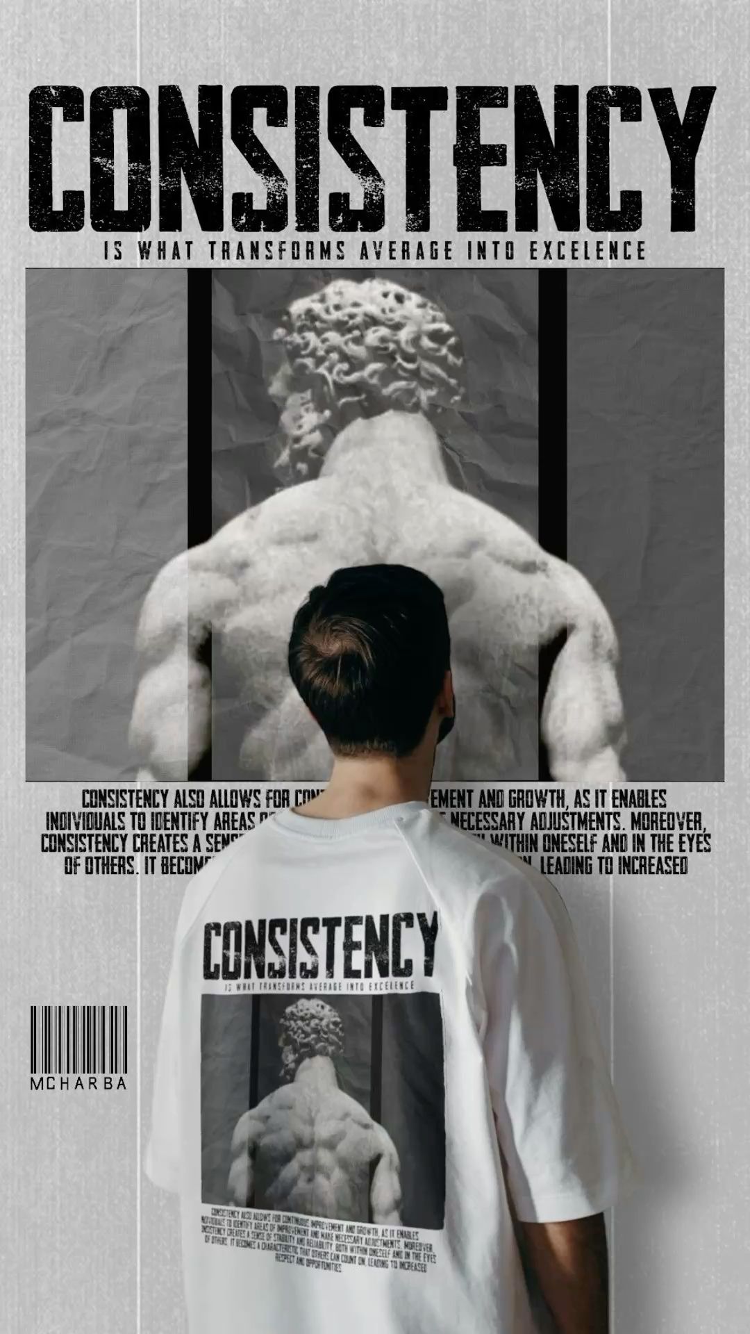 Story: Model from behind wearing a tee printed with a statue graphic in front of the same artwork