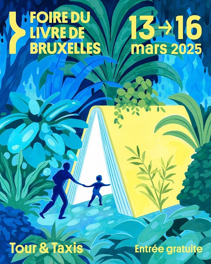 other-festival creative ad: A parent and child walking into a luminous world emerging from an open book