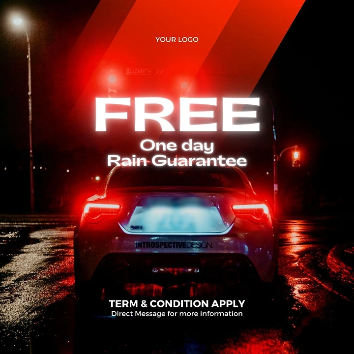Car Wash & Detailing creative ad: Rain guarantee offer set in rainy night