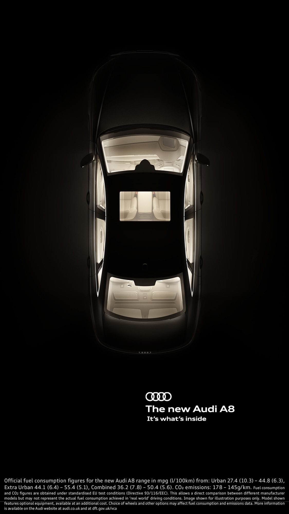 Story: Overhead view of a black sedan with its illuminated interior glowing through the glass
