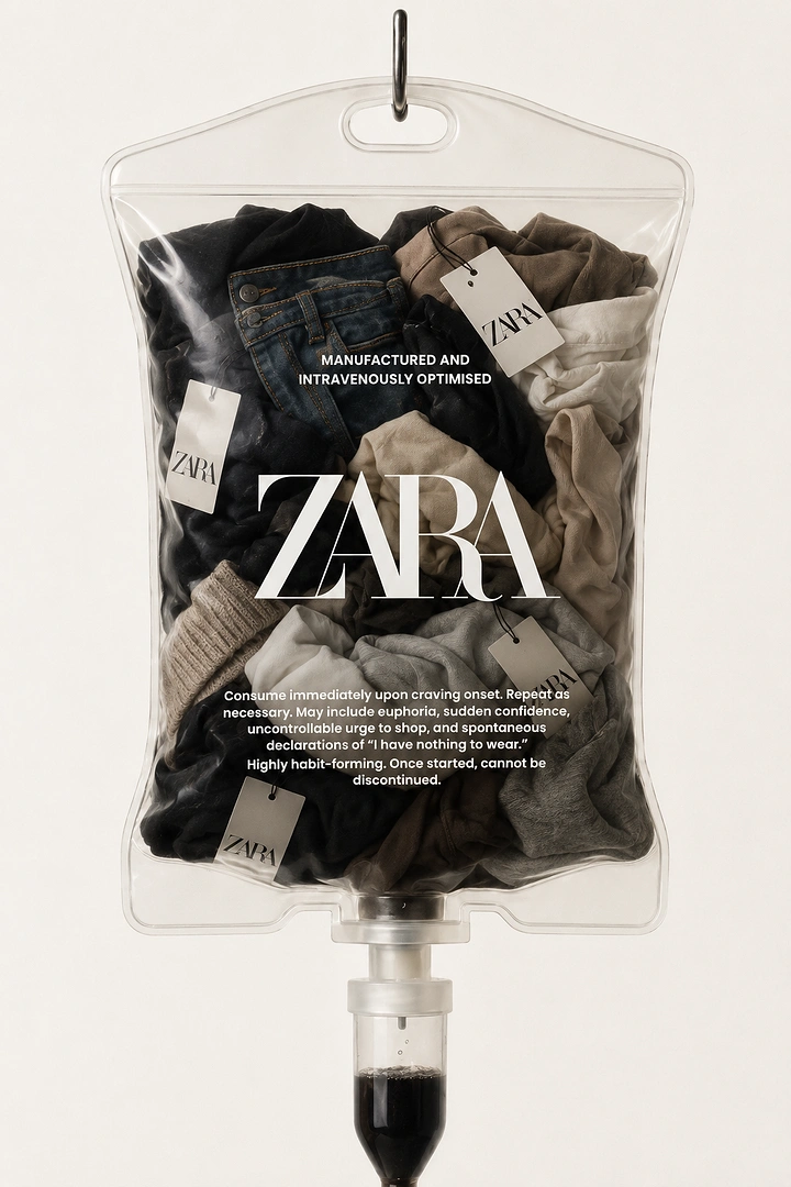 Creative ad: Transparent IV drip bag stuffed with folded clothes and brand hang tags