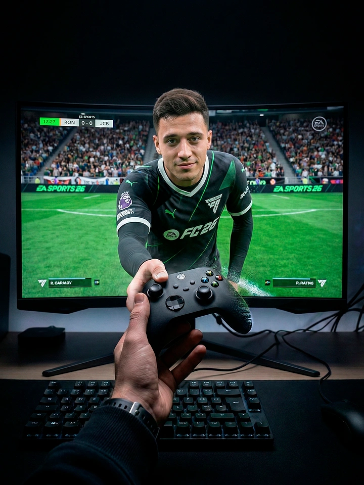 Gaming & Esports creative ad: FC26 player steps out of screen, hands controller