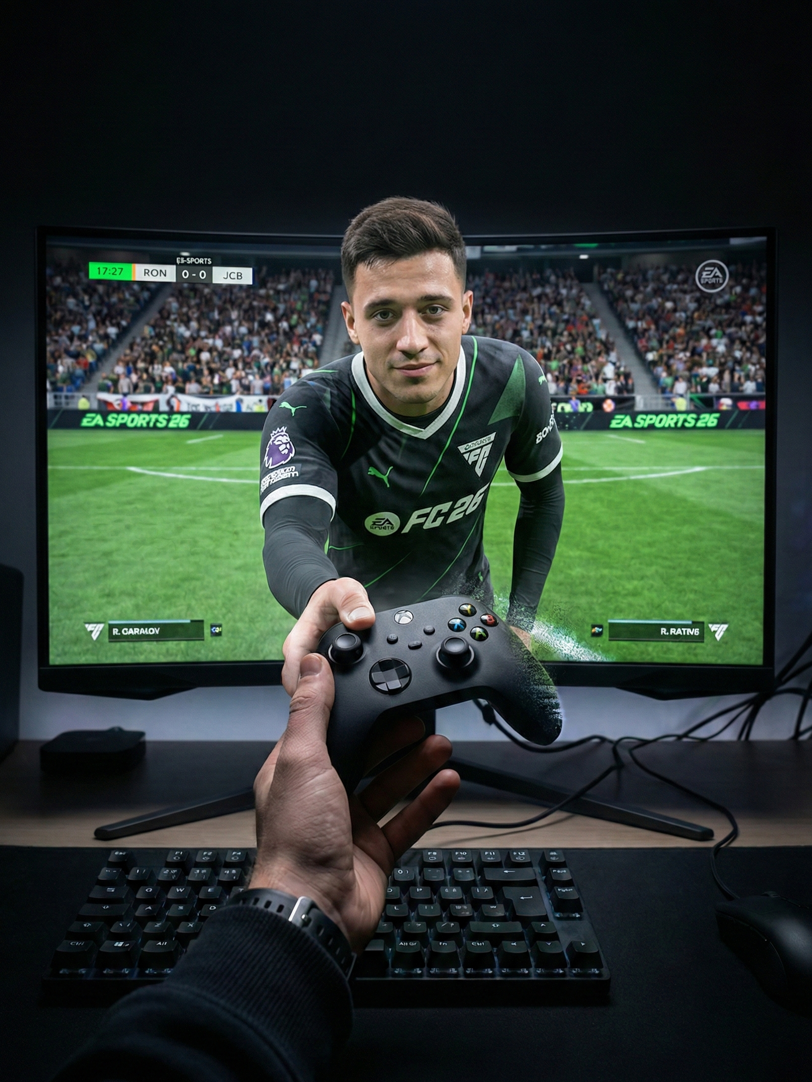 Instagram post: FC26 player steps out of screen, hands controller