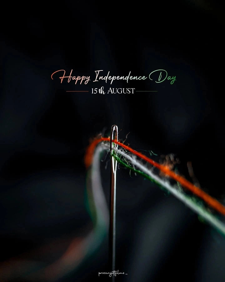 Independence Day creative ad: Macro shot of a needle threaded with saffron, white and green threads