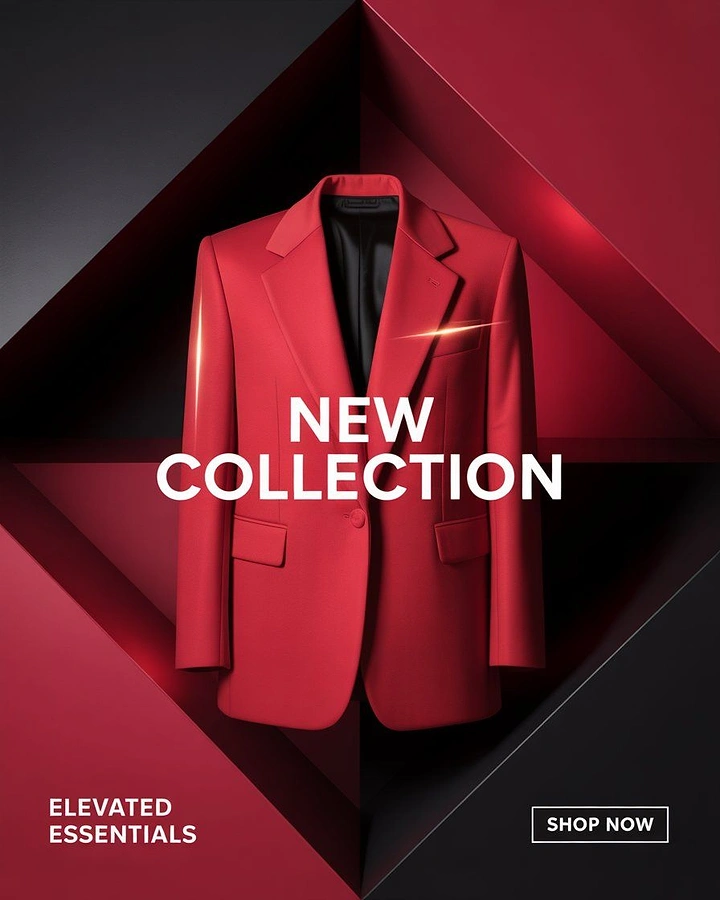 Men's Suits & Formal Wear creative ad: Suit framed by angular red architecture
