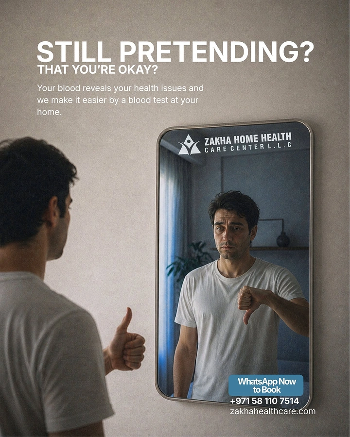 Diagnostic Labs creative ad: Man giving thumbs up to a mirror whose reflection sadly gives thumbs down