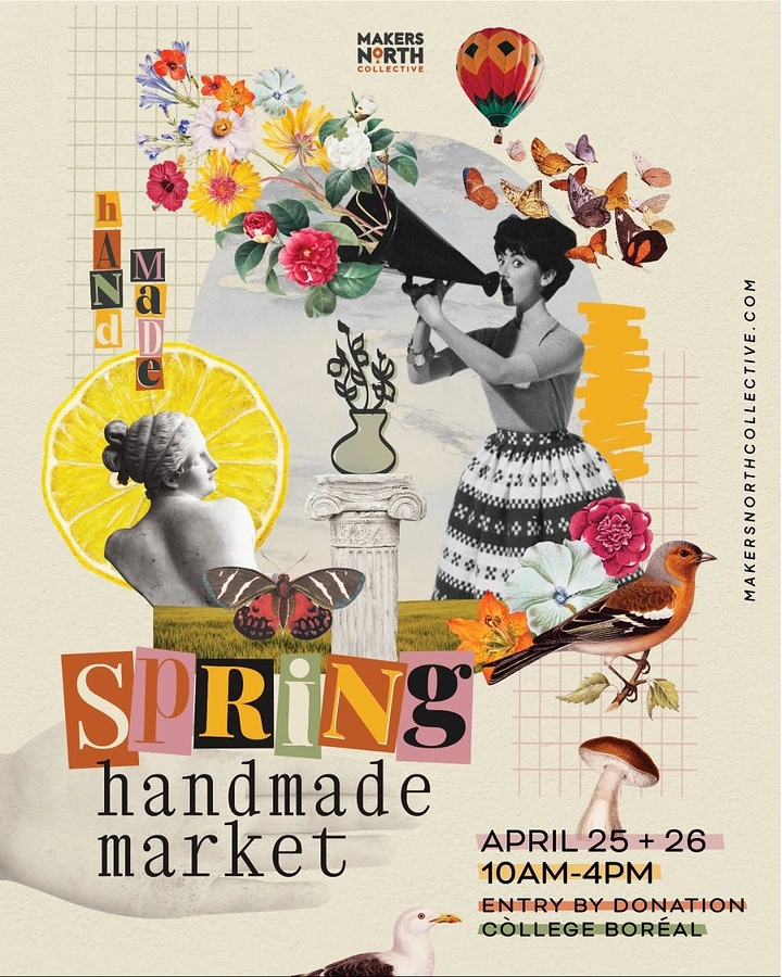 Events & Nightlife creative ad: Vintage paper collage of a woman shouting through a megaphone amid flowers and butterflies