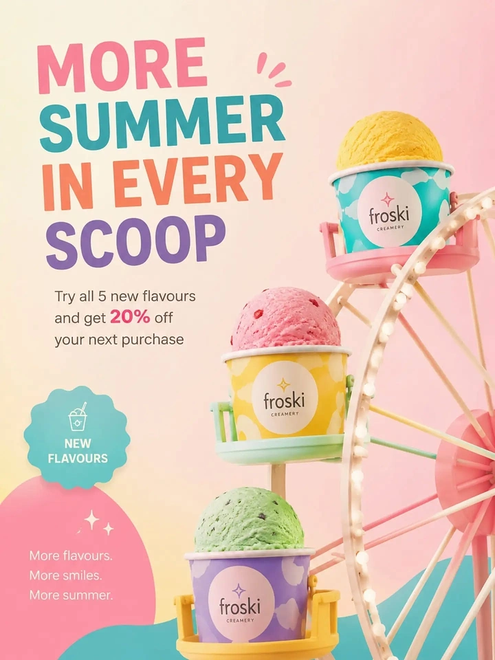 Creative ad: Pastel ice cream cups riding in the gondolas of a miniature ferris wheel