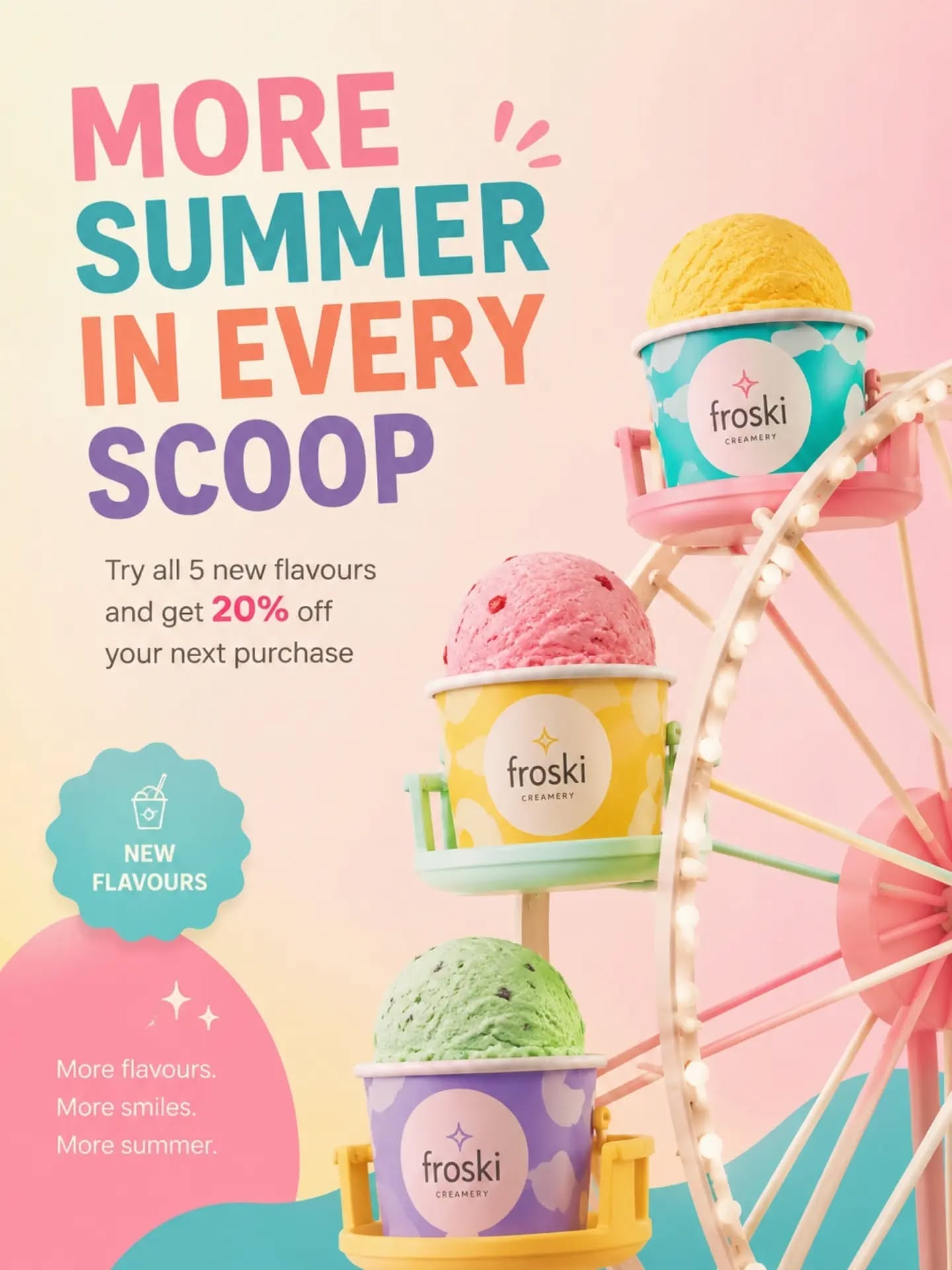 Instagram post: Pastel ice cream cups riding in the gondolas of a miniature ferris wheel