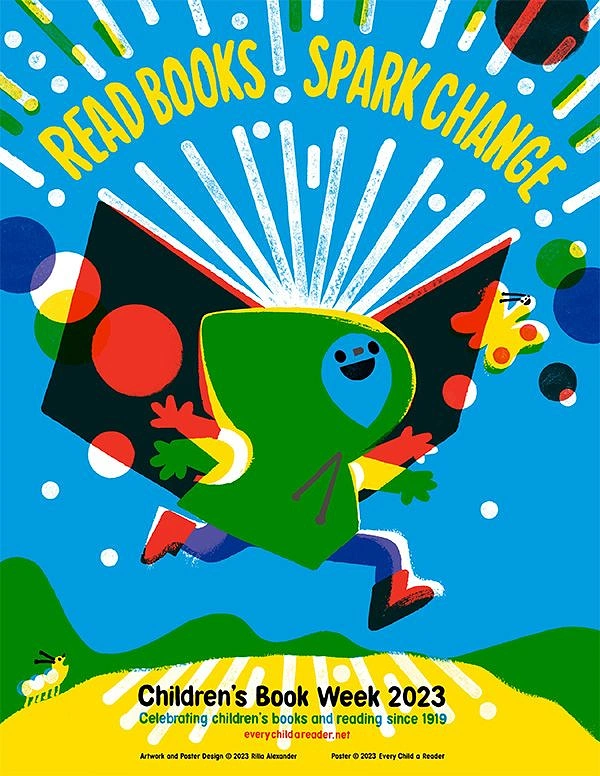 other-festival creative ad: A joyful anthropomorphic green book launching into the air
