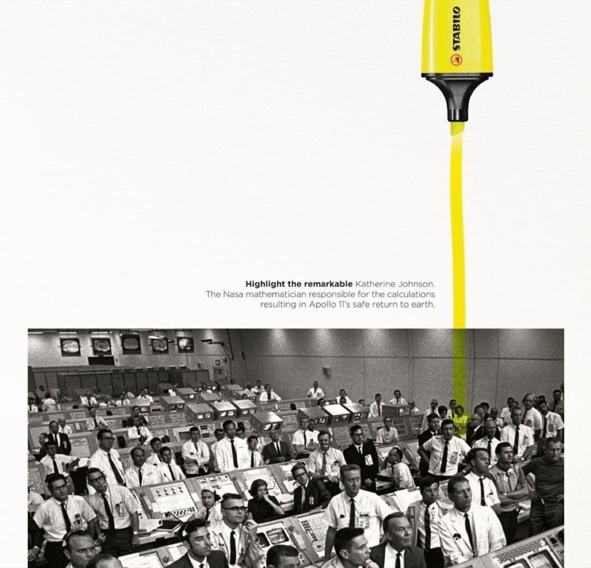 Women's Day Poster: Highlighter drawing a yellow line that highlights one woman in an archival mission-control photo