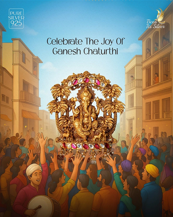 Ganesh Chaturthi creative ad: Ornate gold-finish Ganesha idol with gem-studded arch held aloft by a crowd