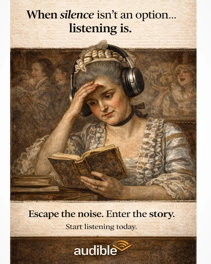 Bookstores creative ad: Classical painted reader wearing modern headphones