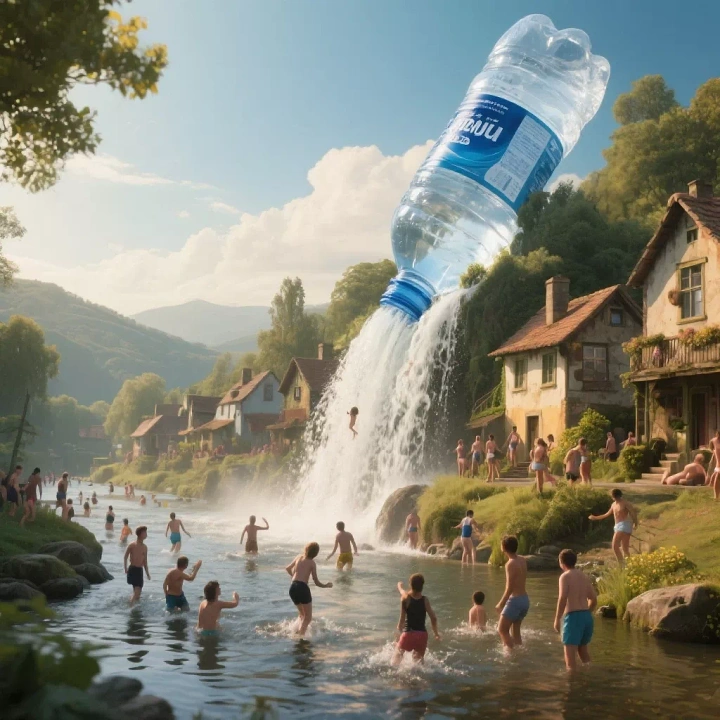 Packaged Drinking Water creative ad: Bottle supplies a village waterfall