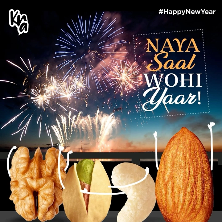 New Year creative ad: Walnut, pistachio, cashew and almond as friends watching fireworks