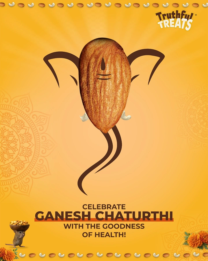 Ganesh Chaturthi creative ad: Almond forming Ganesha's face with brown line-art ears and trunk