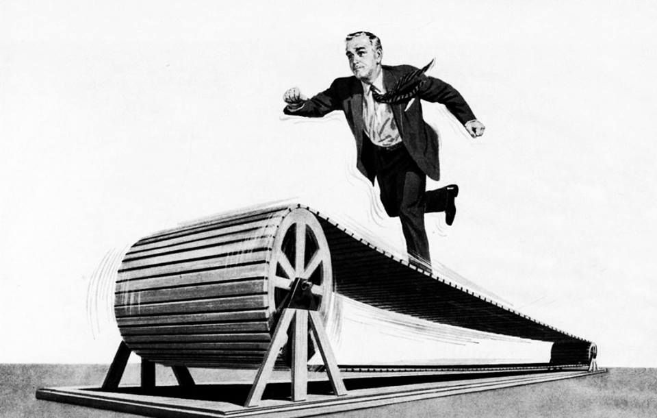 Banner: Surreal barrel treadmill visual metaphor