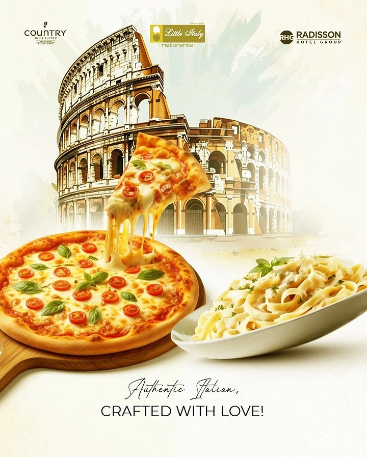 Italian Restaurants creative ad: Pizza and pasta meet Colosseum fantasy