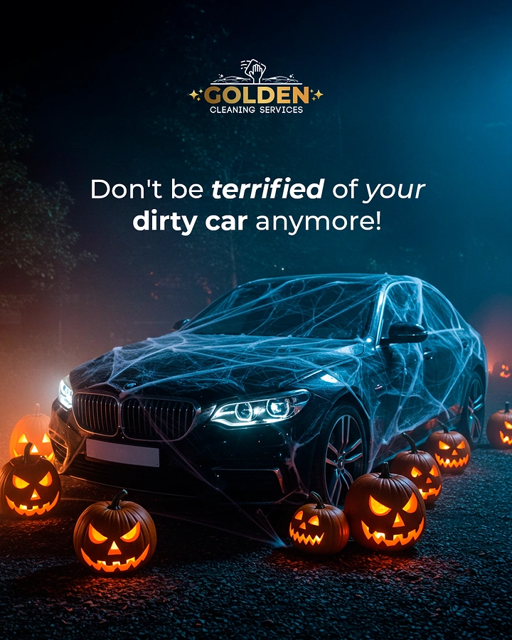Car Wash & Detailing creative ad: Cobweb-covered dirty car Halloween pun