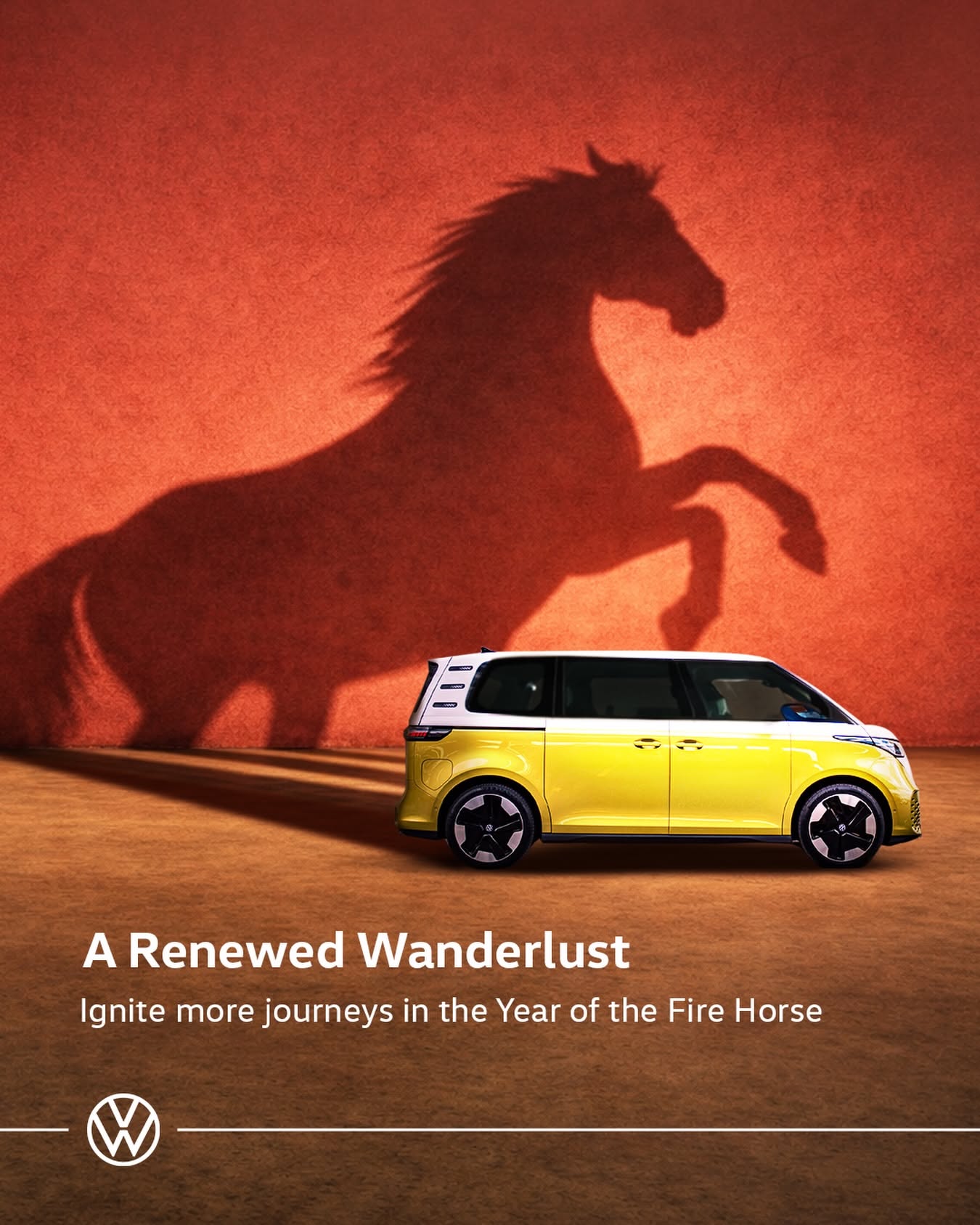 Lunar New Year Instagram post: Yellow-and-white electric van casting the shadow of a rearing horse