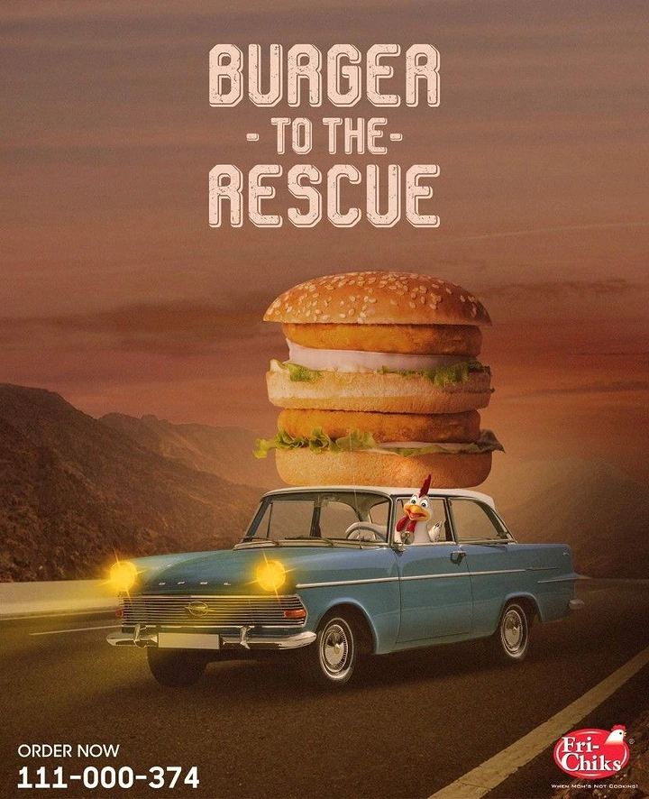 Cloud Kitchens & Food Trucks creative ad: Giant burger rides car to rescue
