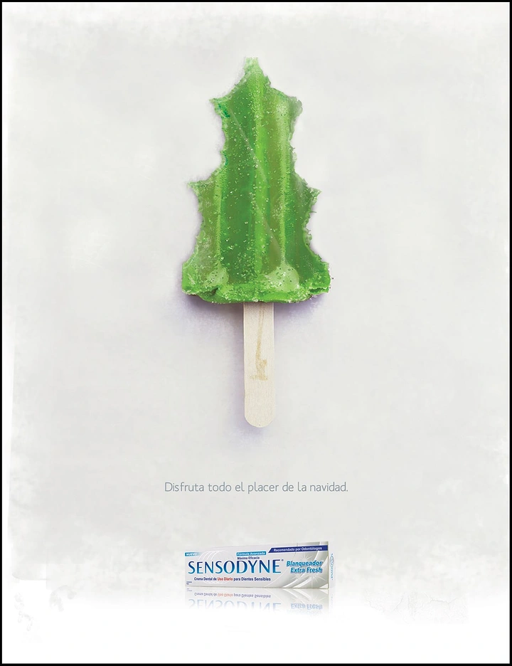 Toothpaste & Oral Care creative ad: Christmas tree becomes frozen product metaphor