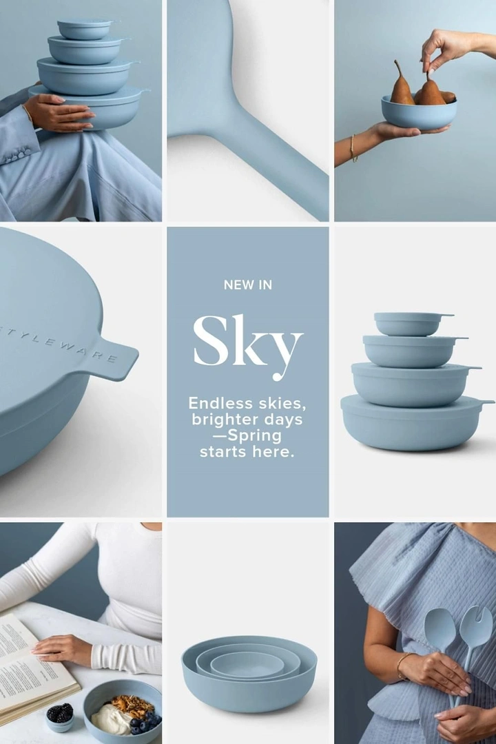 Home Decor creative ad: Sky-blue nesting bowl set in a monochrome photo grid