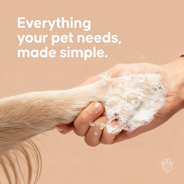 Pet Grooming creative ad: Soapy paw-in-hand handshake, calm minimal